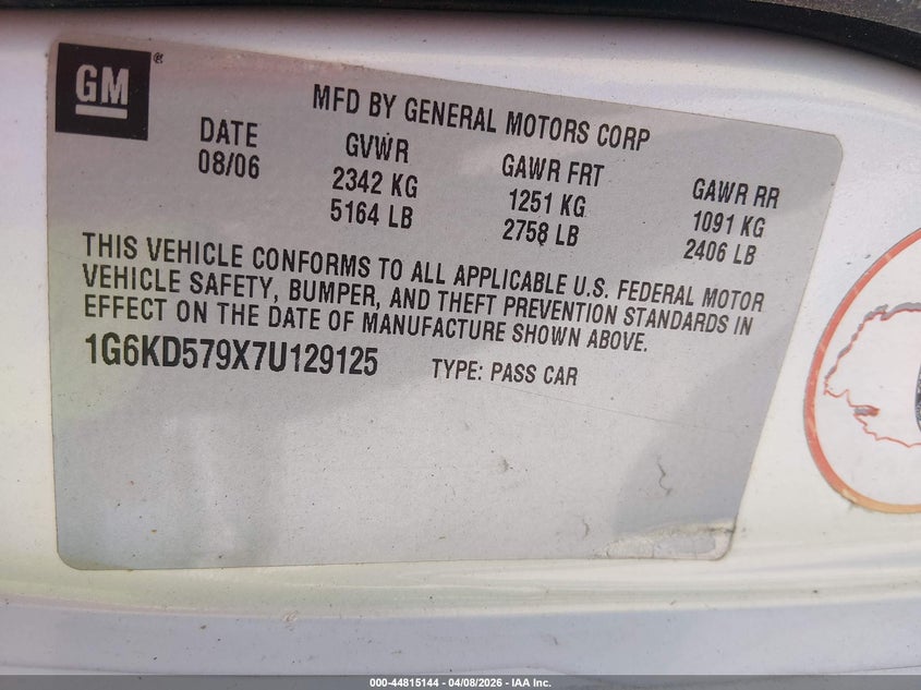 2007 Cadillac Dts Performance VIN: 1G6KD579X7U129125 Lot: 44815144