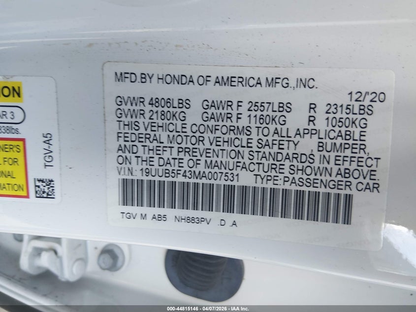 2021 Acura Tlx Technology Package VIN: 19UUB5F43MA007531 Lot: 44815146