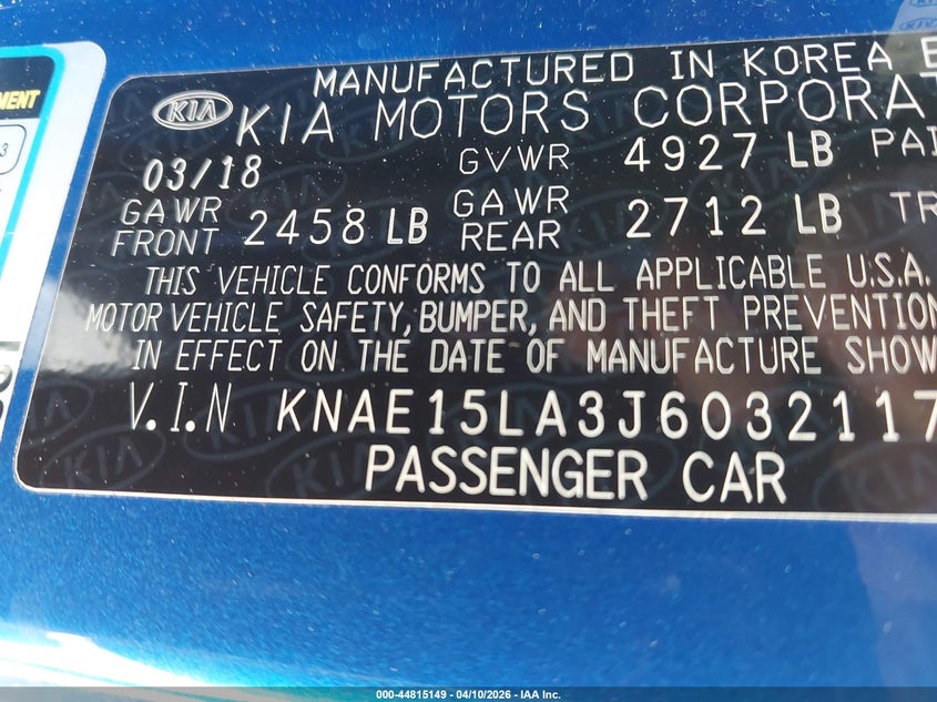 2018 Kia Stinger VIN: KNAE15LA3J6032117 Lot: 44815149