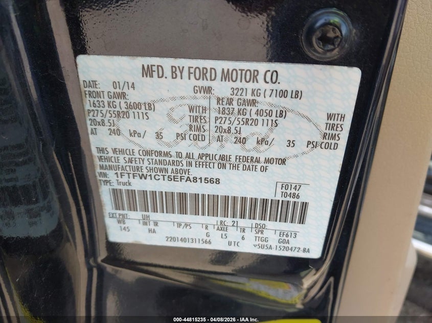 2014 Ford F-150 3.5 Lariat Black Lot 111044815235 Vin 1FTFW1CT5EFA81568