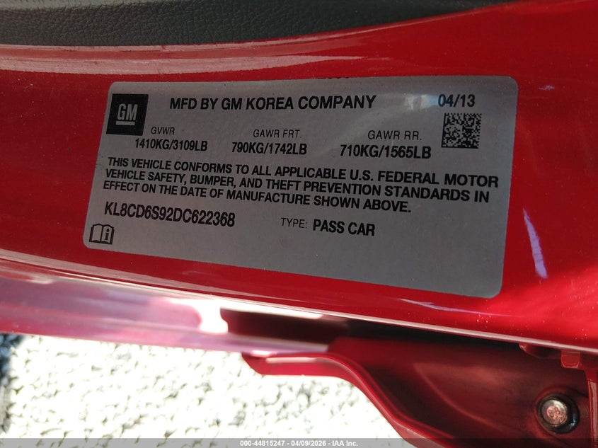 2013 Chevrolet Spark 1Lt Auto VIN: KL8CD6S92DC622368 Lot: 44815247