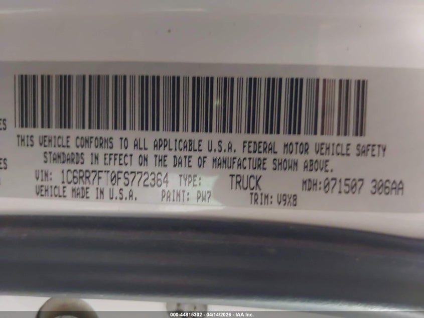 2015 Ram 1500 Tradesman VIN: 1C6RR7FT0FS772364 Lot: 44815302