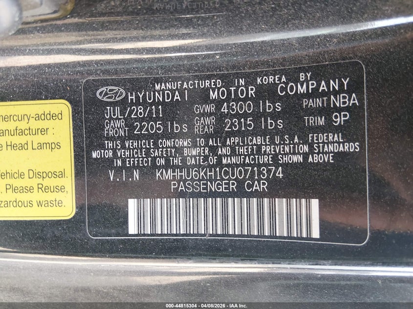 2012 Hyundai Genesis 3.8 Track VIN: KMHHU6KH1CU071374 Lot: 44815304