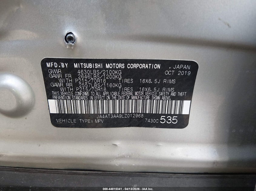 2020 Mitsubishi Eclipse Cross Es 1.5T Awc VIN: JA4AT3AA9LZ012968 Lot: 44815341