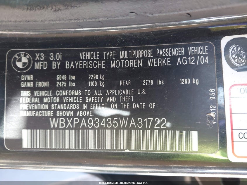 2005 BMW X3 3.0I VIN: WBXPA93435WA31722 Lot: 44815350