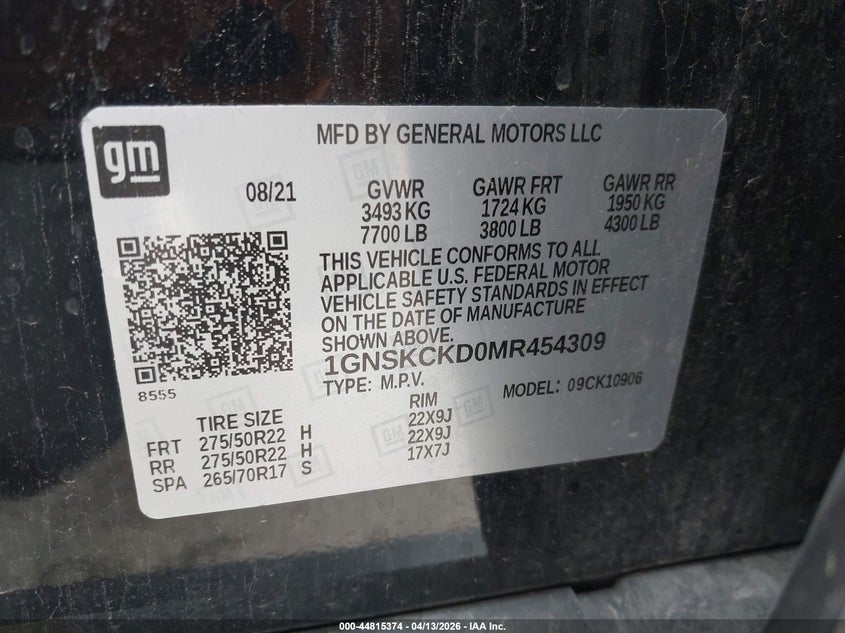 2021 Chevrolet Suburban 4Wd Lt VIN: 1GNSKCKD0MR454309 Lot: 44815374