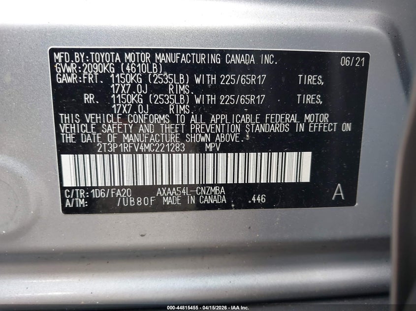 2021 Toyota Rav4 Xle VIN: 2T3P1RFV4MC221283 Lot: 44815455