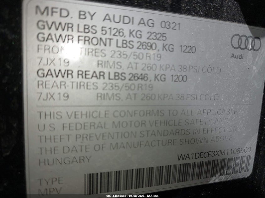 2021 Audi Q3 Premium 45 Tfsi S Line Quattro Tiptronic VIN: WA1DECF3XM1108500 Lot: 44815483