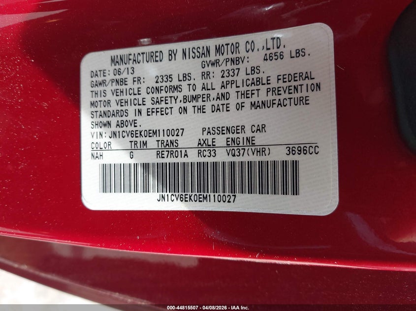 2014 Infiniti Q60 Journey VIN: JN1CV6EK0EM110027 Lot: 44815507