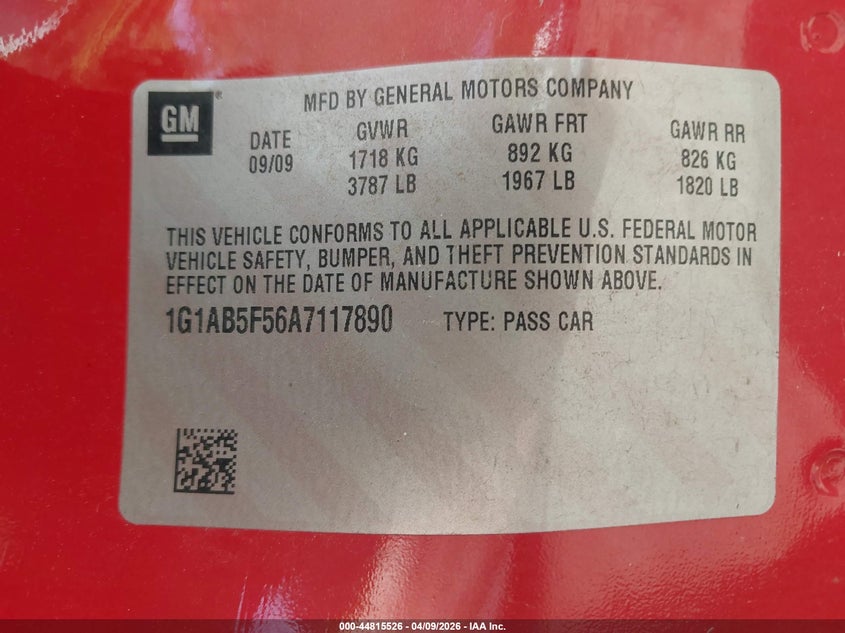 2010 Chevrolet Cobalt Ls VIN: 1G1AB5F56A7117890 Lot: 44815526