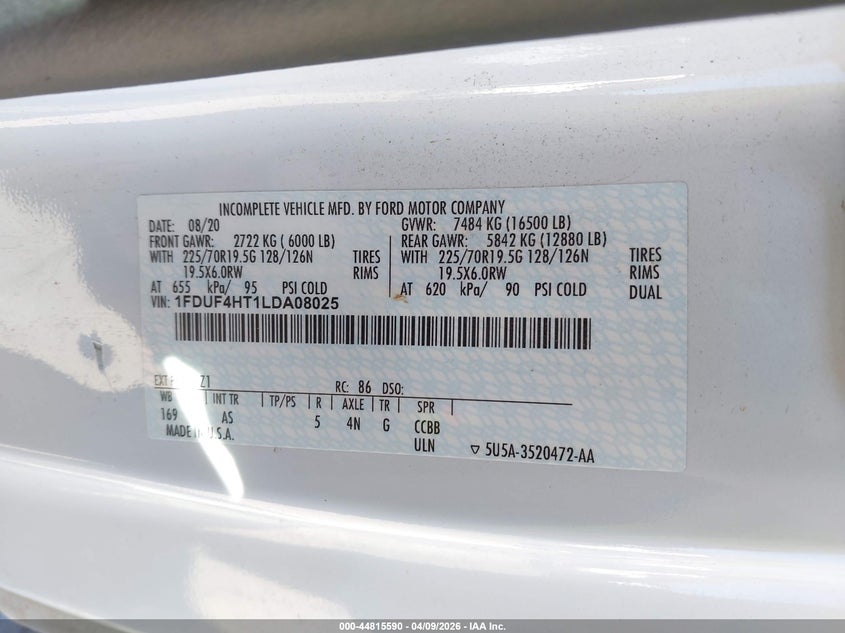 2020 Ford F-450 Chassis Xl VIN: 1FDUF4HT1LDA08025 Lot: 44815590