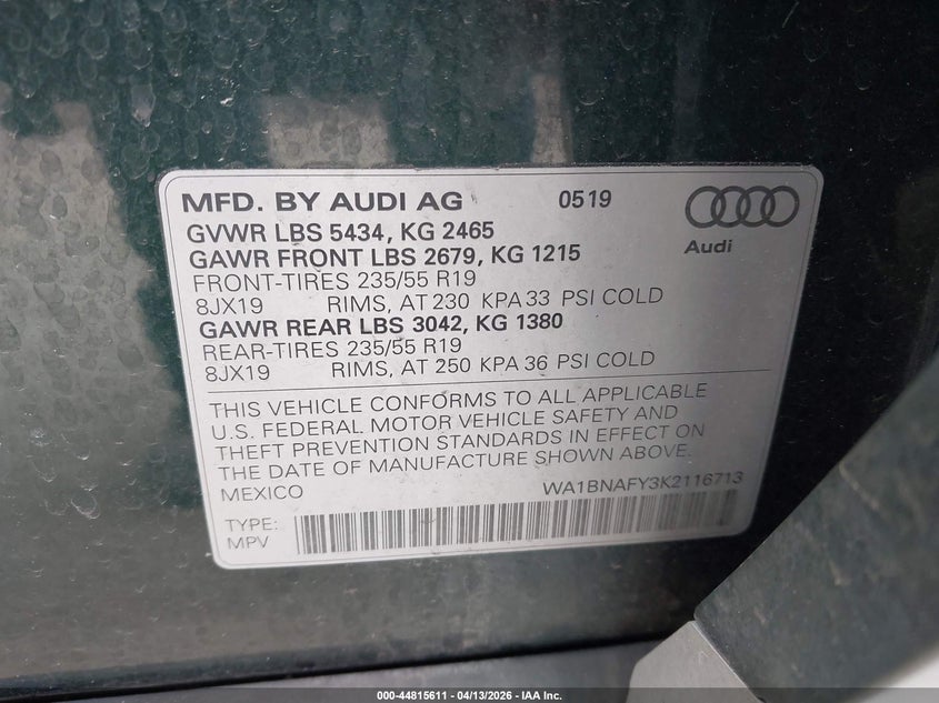 2019 Audi Q5 45 Premium VIN: WA1BNAFY3K2116713 Lot: 44815611