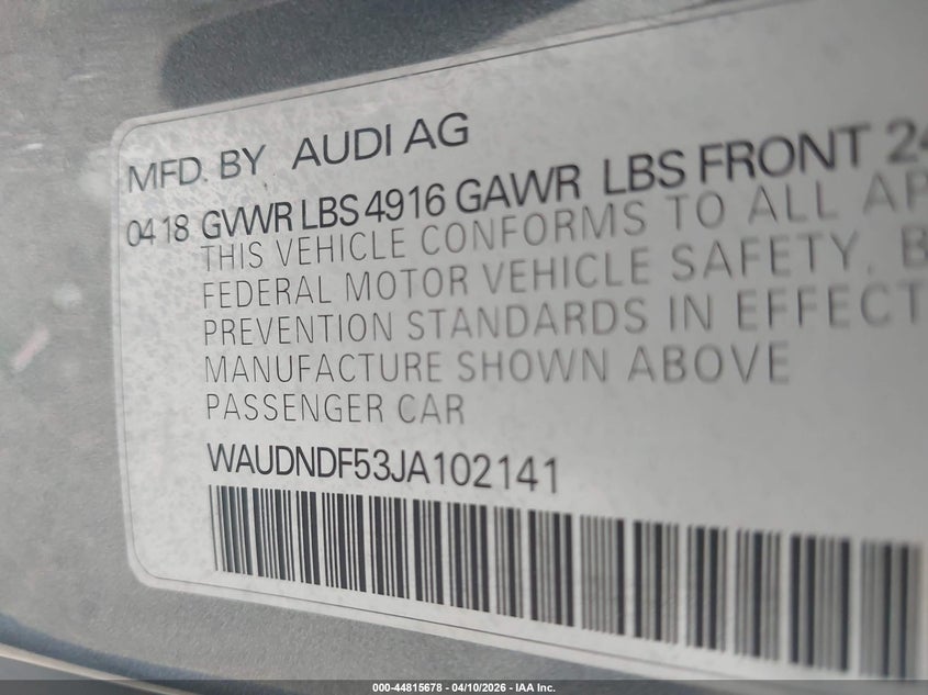 2018 Audi A5 2.0T Premium VIN: WAUDNDF53JA102141 Lot: 44815678