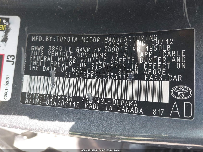2013 Toyota Corolla 1.8 Le grey Lot 111044815706 Vin 2T1BU4EE2DC953118