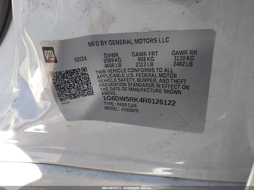 2024 Cadillac Ct5 Luxury VIN: 1G6DW5RK4R0126122 Lot: 44815711