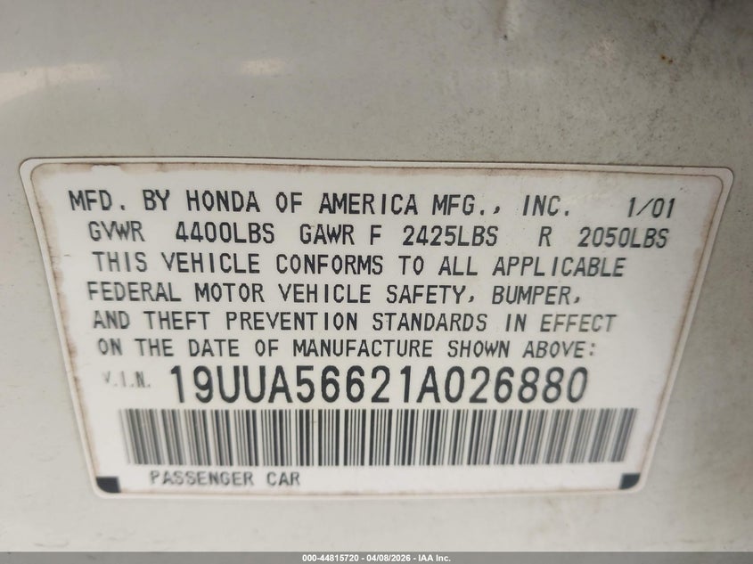 2001 Acura Tl 3.2 VIN: 19UUA56621A026880 Lot: 44815720