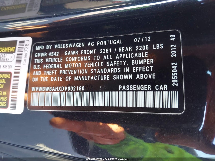 2013 Volkswagen Eos Sport VIN: WVWBW8AHXDV002180 Lot: 44815730