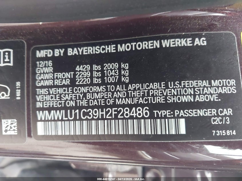 2017 Mini Clubman Cooper VIN: WMWLU1C39H2F28486 Lot: 44815747