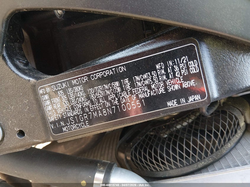 2022 Suzuki Gsx-R750 VIN: JS1GR7MA8N7100551 Lot: 44815748