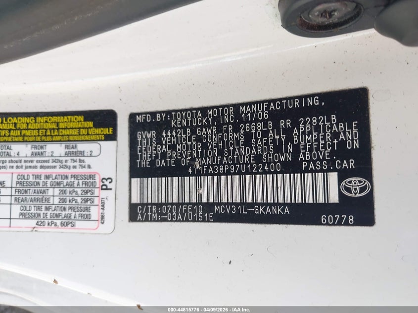 2007 Toyota Camry Solara Se VIN: 4T1FA38P97U122400 Lot: 44815776