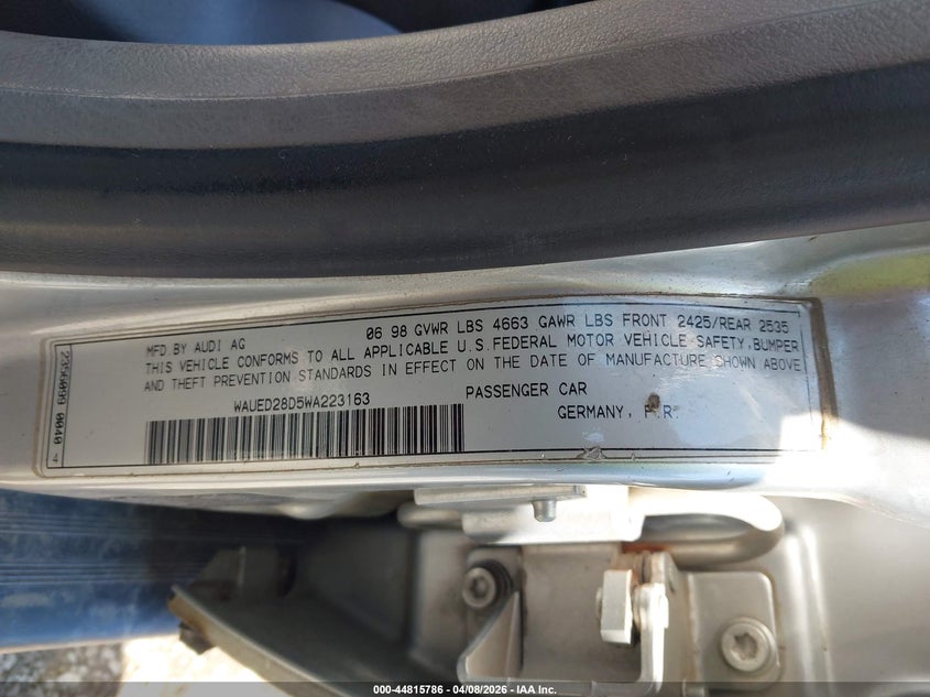 1998 Audi A4 2.8 VIN: WAUED28D5WA223163 Lot: 44815786
