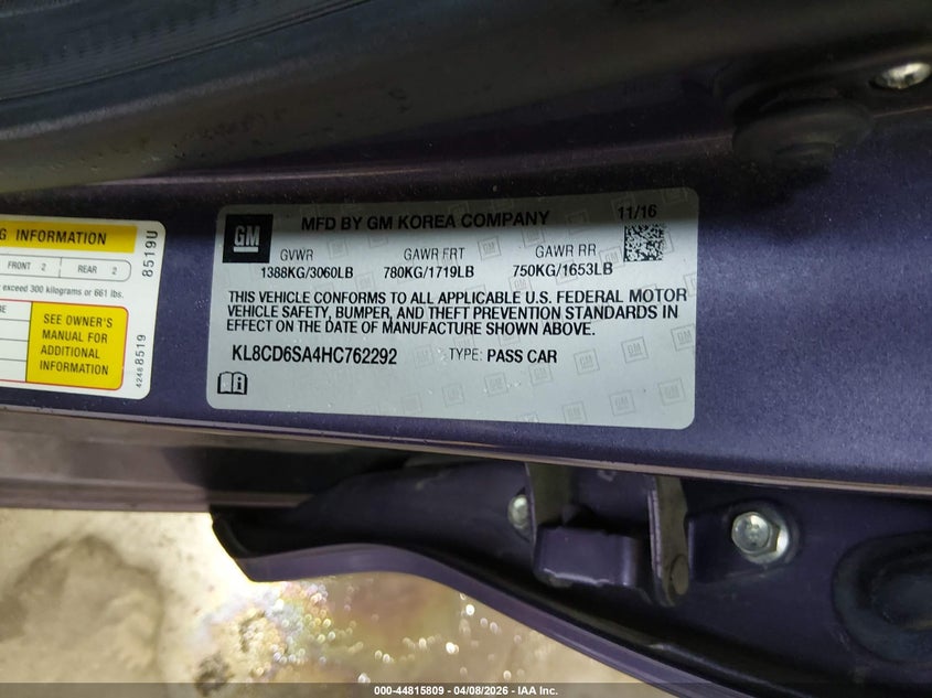 2017 Chevrolet Spark 1Lt Cvt VIN: KL8CD6SA4HC762292 Lot: 44815809