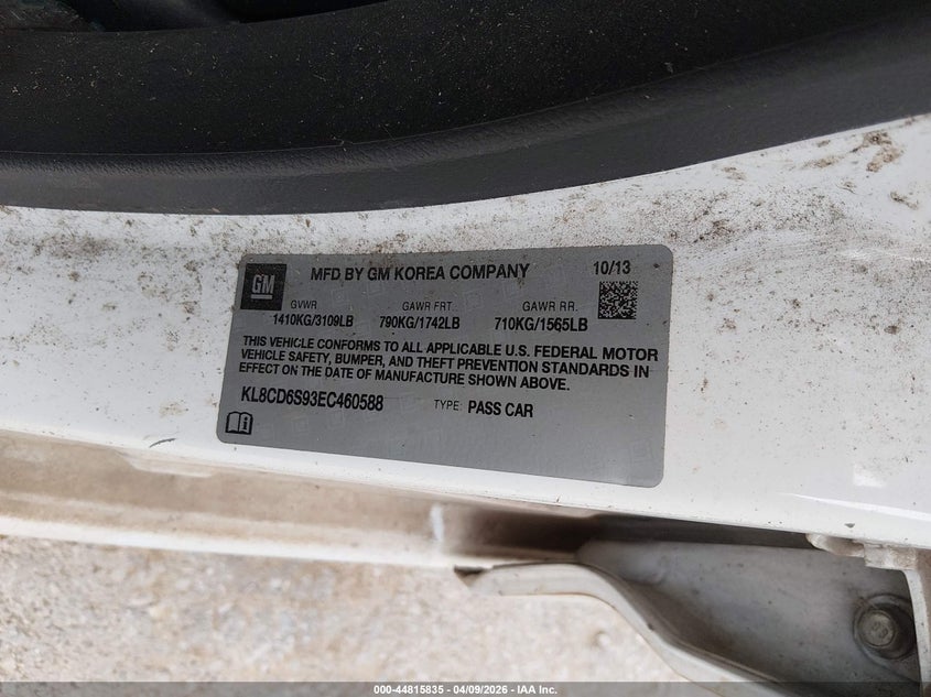 2014 Chevrolet Spark 1Lt Auto VIN: KL8CD6S93EC460588 Lot: 44815835