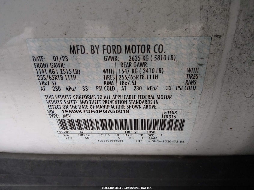 2023 Ford Explorer 2.3 Xlt white Lot 111044815864 Vin 1FMSK7DH4PGA50019
