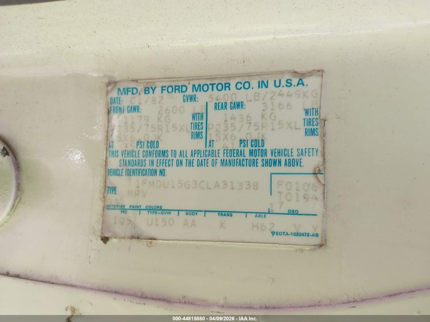 1982 Ford Bronco U100 VIN: 1FMDU15G3CLA31338 Lot: 44815880