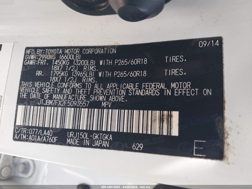 2015 Lexus Gx 460 VIN: JTJBM7FX2F5093557 Lot: 44815883