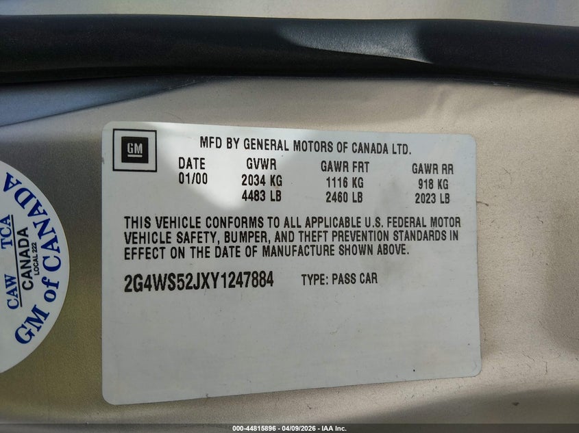 2000 Buick Century Custom VIN: 2G4WS52JXY1247884 Lot: 44815896