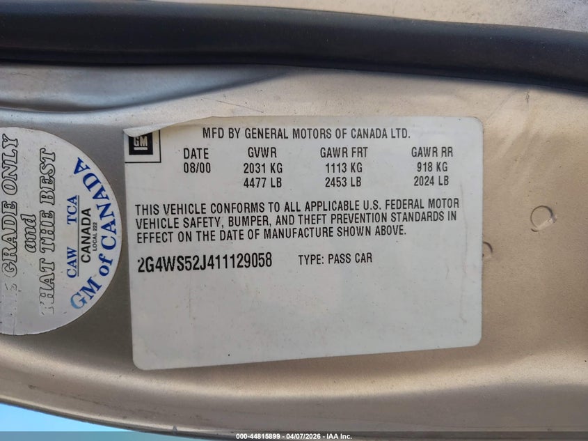 2001 Buick Century Custom VIN: 2G4WS52J411129058 Lot: 44815899