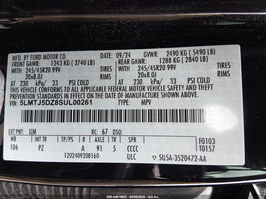 2025 Lincoln Corsair Grand Touring VIN: 5LMTJ5DZ8SUL00261 Lot: 44815903