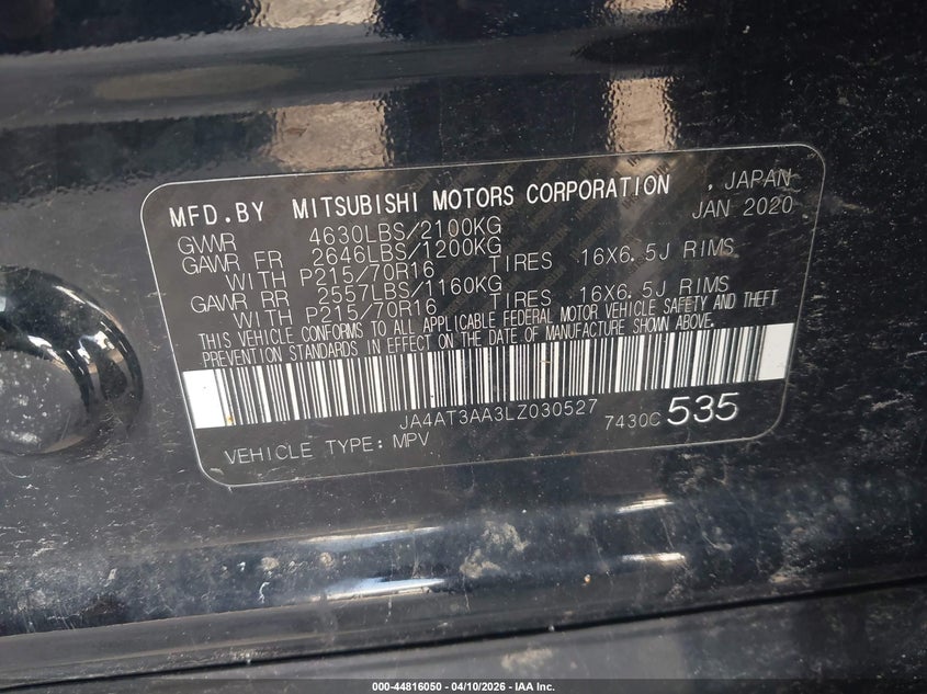 2020 Mitsubishi Eclipse Cross Es 1.5T Awc VIN: JA4AT3AA3LZ030527 Lot: 44816050