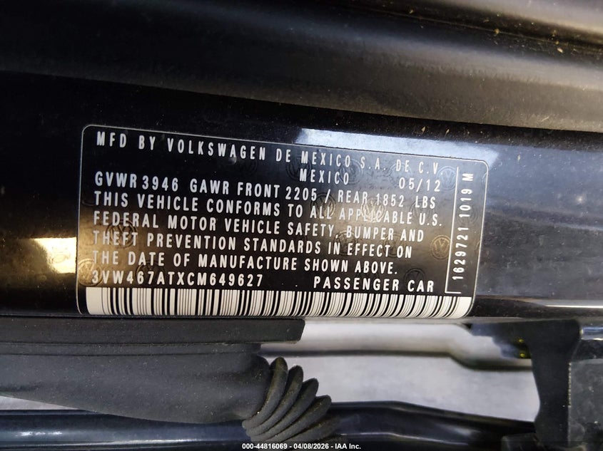 2012 Volkswagen Beetle 2.0T Turbo VIN: 3VW467ATXCM649627 Lot: 44816069