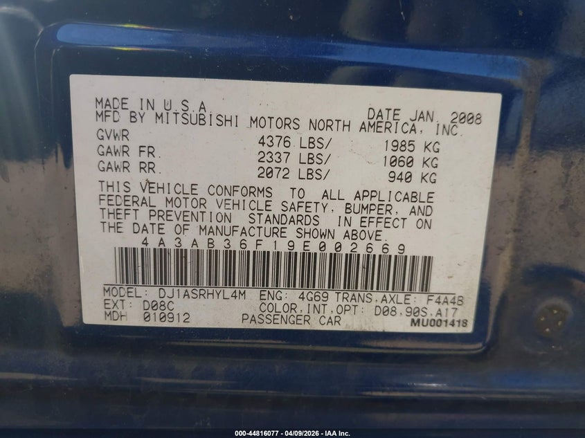 2009 Mitsubishi Galant Es/Sport Edition VIN: 4A3AB36F19E002669 Lot: 44816077