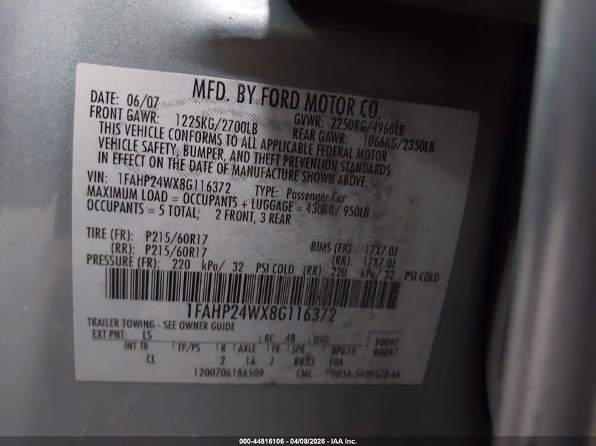 2008 Ford Taurus Sel VIN: 1FAHP24WX8G116372 Lot: 44816106