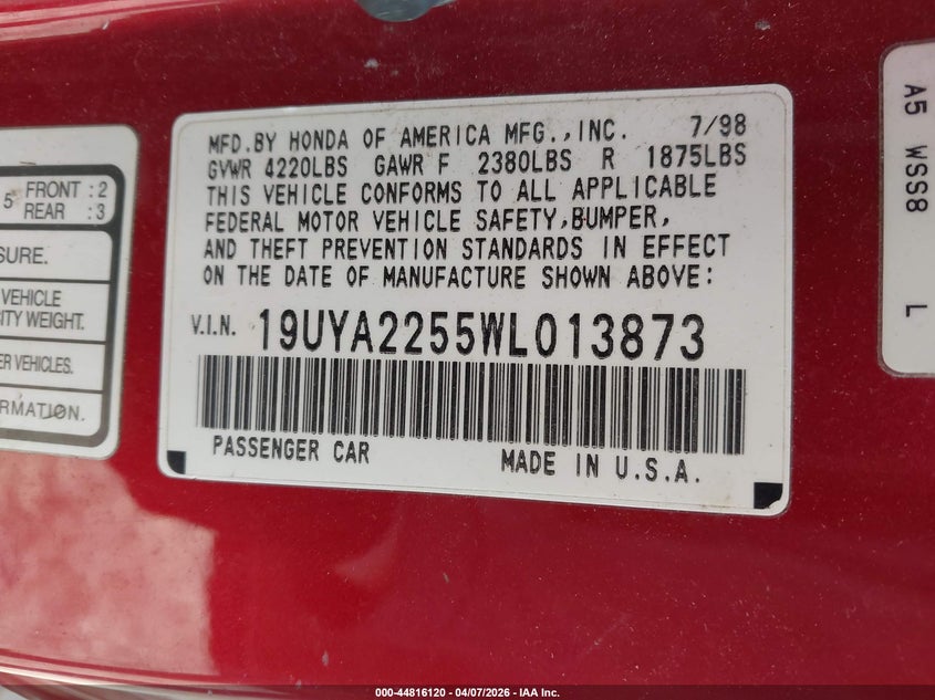 1998 Acura Cl 3.0 VIN: 19UYA2255WL013873 Lot: 44816120