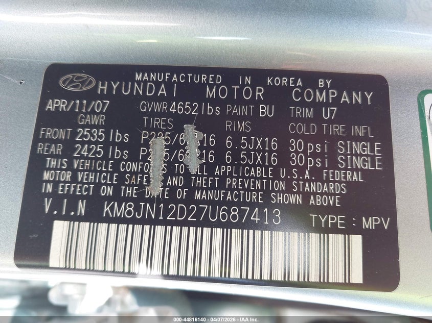 2007 Hyundai Tucson Limited/Se VIN: KM8JN12D27U687413 Lot: 44816140