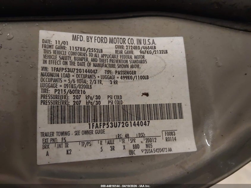 2002 Ford Taurus Se VIN: 1FAFP53U72G144047 Lot: 44816144