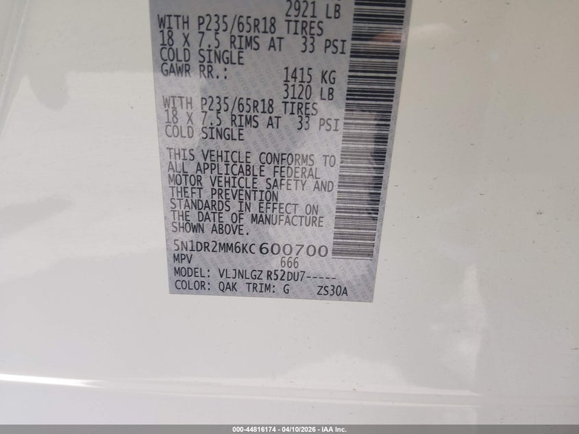 NISSAN PATHFINDER 2019 VIN 5N1DR2MM6KC600700