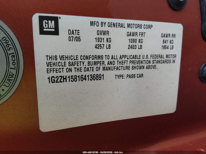 2006 Pontiac G6 Gt VIN: 1G2ZH158164136891 Lot: 44816195