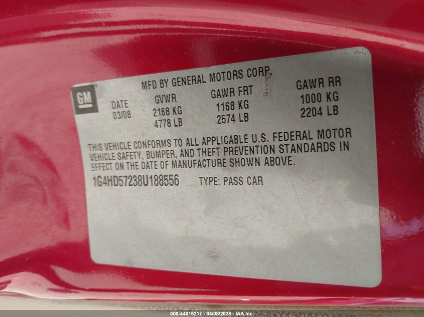 2008 Buick Lucerne Cxl VIN: 1G4HD57238U188556 Lot: 44816217