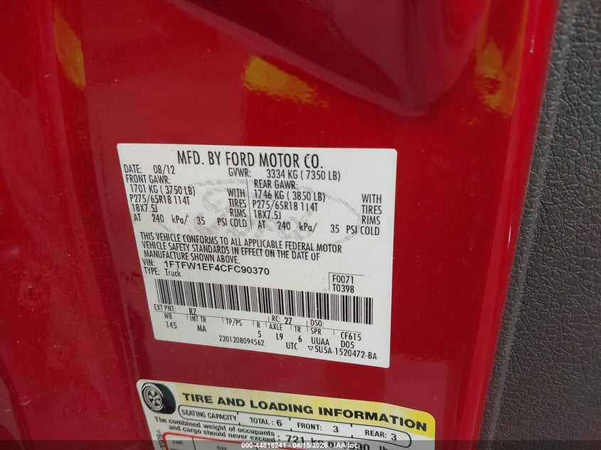 2012 Ford F-150 Xlt VIN: 1FTFW1EF4CFC90370 Lot: 44816241