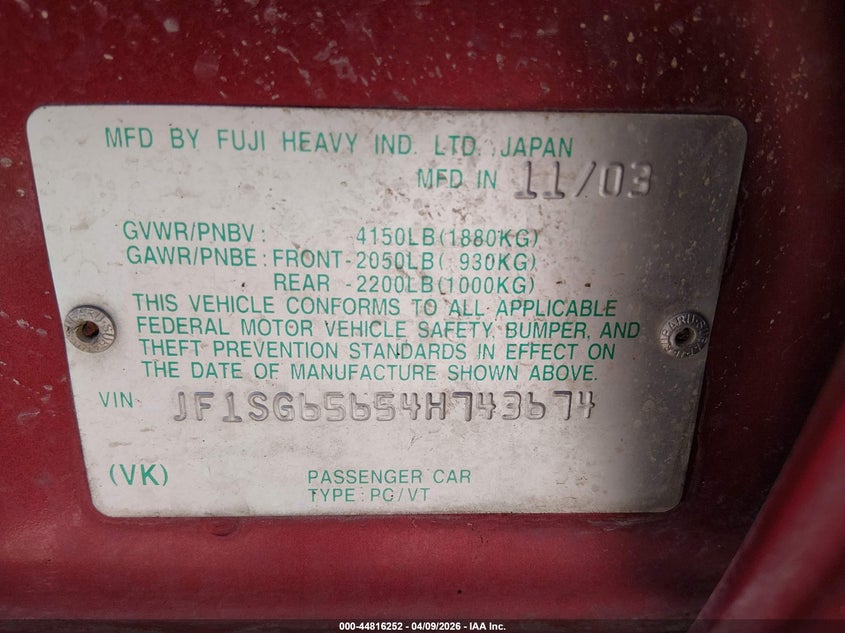 2004 Subaru Forester 2.5Xs VIN: JF1SG65654H743674 Lot: 44816252