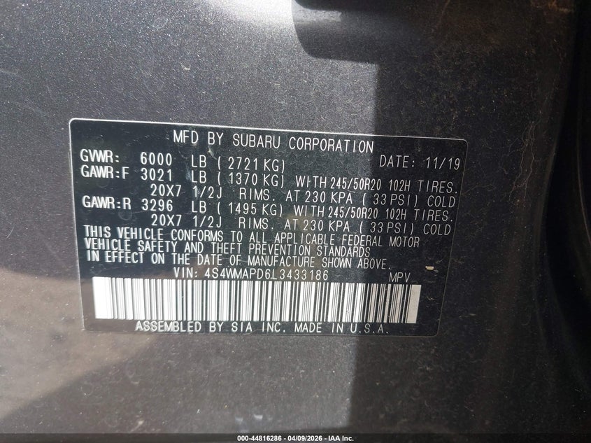 2020 Subaru Ascent Limited VIN: 4S4WMAPD6L3433186 Lot: 44816286