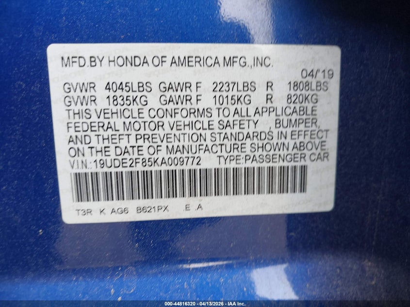 2019 Acura Ilx Premium A-Spec Packages/Technology A-Spec Packages VIN: 19UDE2F85KA009772 Lot: 44816320