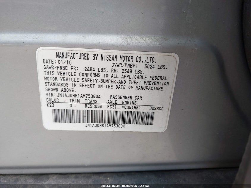 2010 Infiniti Ex35 Journey VIN: JN1AJ0HR1AM753604 Lot: 44816349