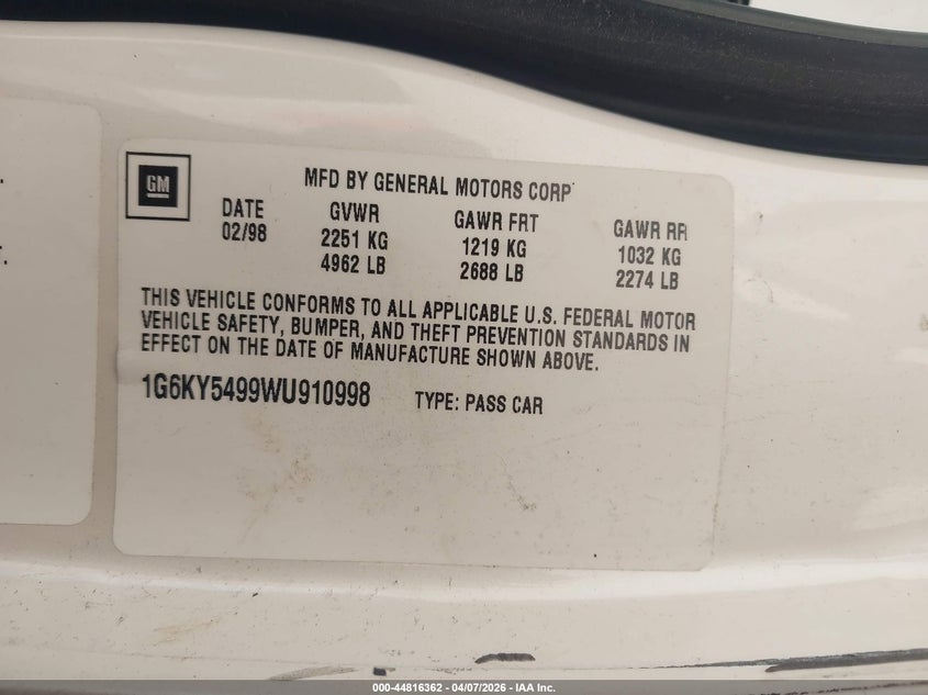 1998 Cadillac Seville Sts VIN: 1G6KY5499WU910998 Lot: 44816362