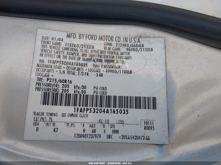 2004 Ford Taurus Se VIN: 1FAFP53204A165035 Lot: 44816387